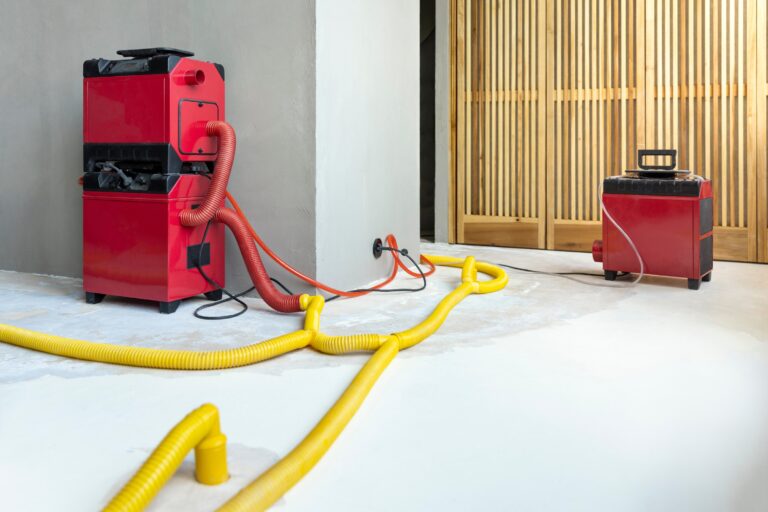Trocknungsgeräte zur Wasserschadensanierung – Bautrockner und Schläuche im Einsatz.
