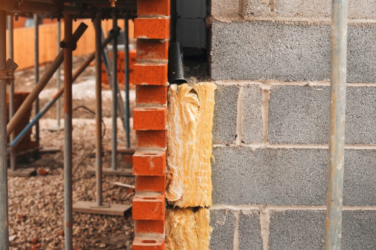 Fassadendämmung mit Glaswolle zwischen Außenmauer aus Ziegel und Betonwand.