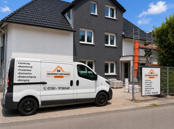 Transporter von SN Baudienstleistung Sinsheim vor einerr Baustelle.